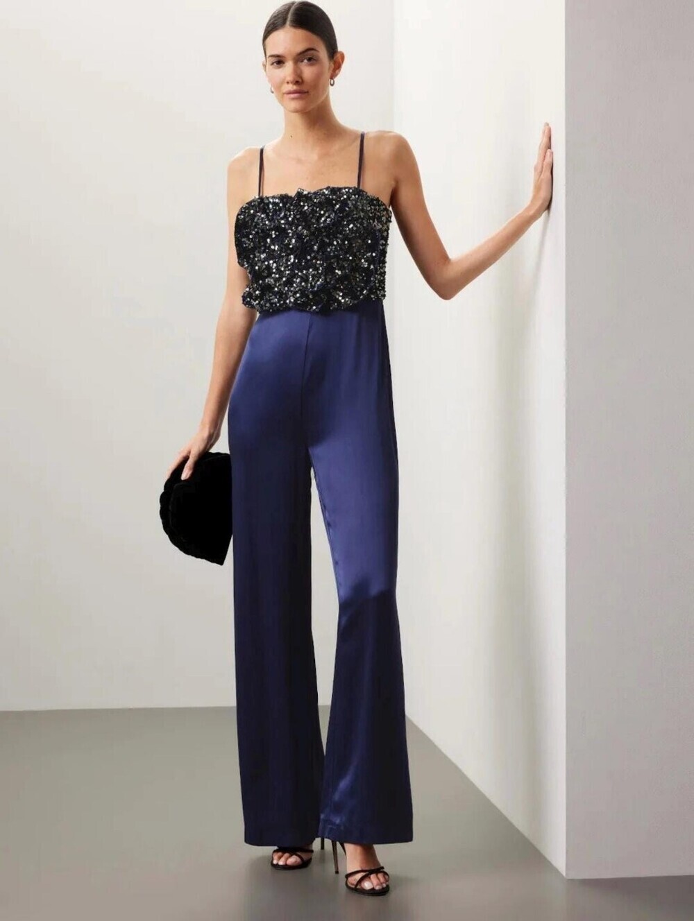 Badgley Mischka Satin Sequin Jumpsuit Midnight Blue Black Formal 8